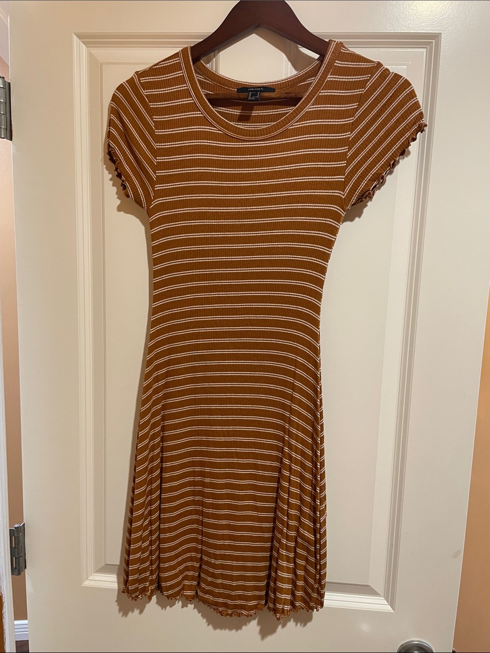 Striped Ribbed Tee Dress in Brown